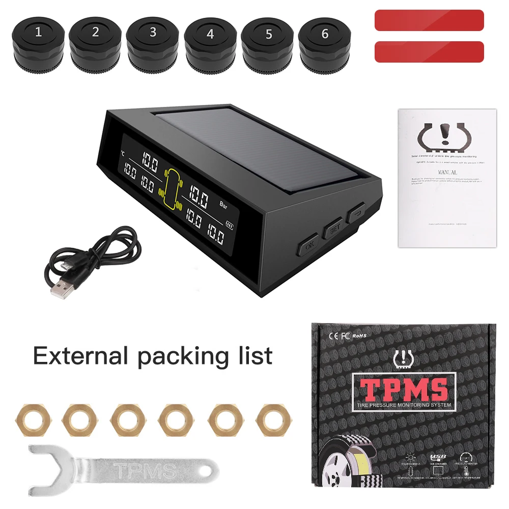 

Car Truck RV TPMS Tire Pressure Monitoring System Wireless Solar Energy Charge With 6 External Sensors LCD Display Screen