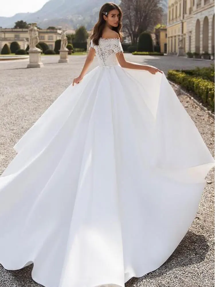 Elegante vestido de novia con manchas de encaje para mujer, traje de boda Simple sin tirantes con cuello Barco, color blanco, 2021