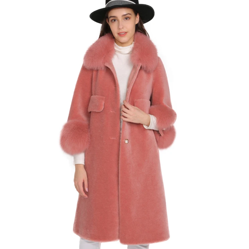 Real Sheep Fur Coat Long Style ReaL Fox Fur Collar Cuffs Elegant Wool Winter Women Fur Coat