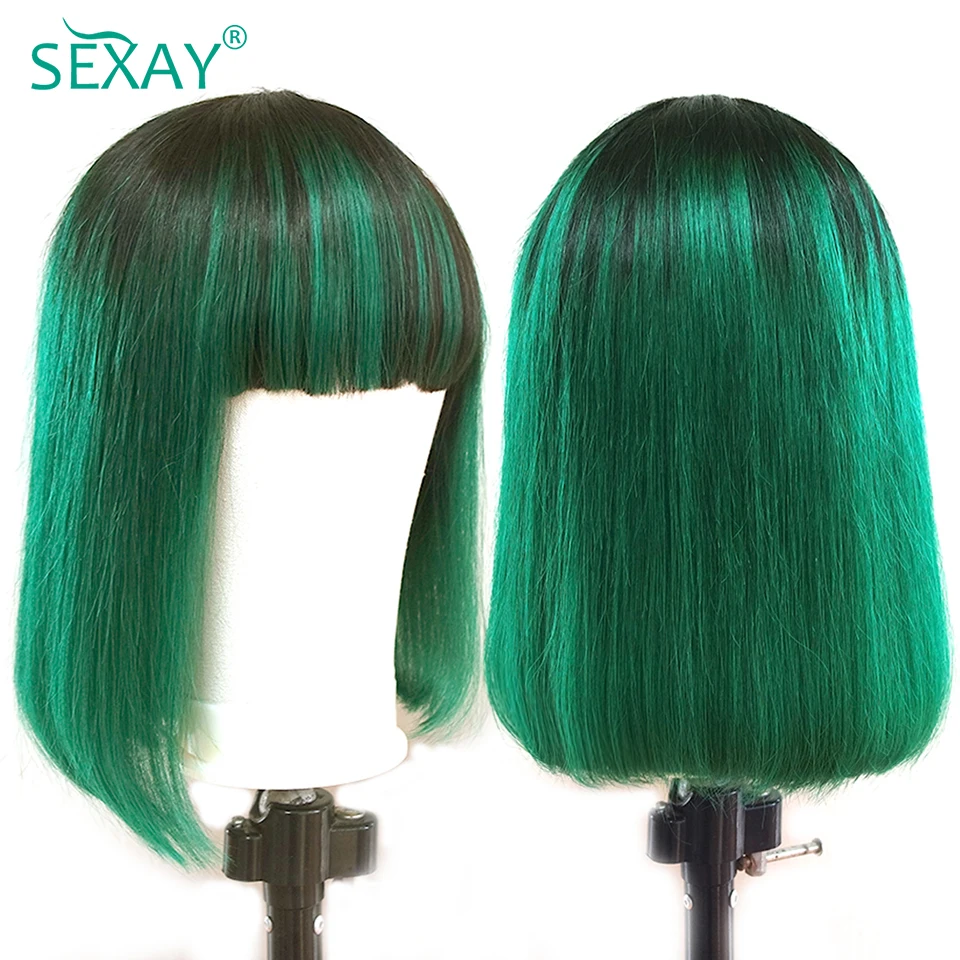 Sexay Wig Bob Pendek Hijau dengan Ketebalan 180 8-16 Inci Wig Rambut Manusia Lurus Tulang Indian Mentah dengan Wig Bang Ombre 1B Poni