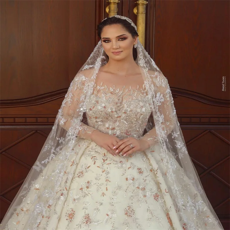Luxury Flower Crystal Wedding Dresses Sequins Beads Applique A Line Bridal Gown Custom Made Long Sleeve Robe de mariée