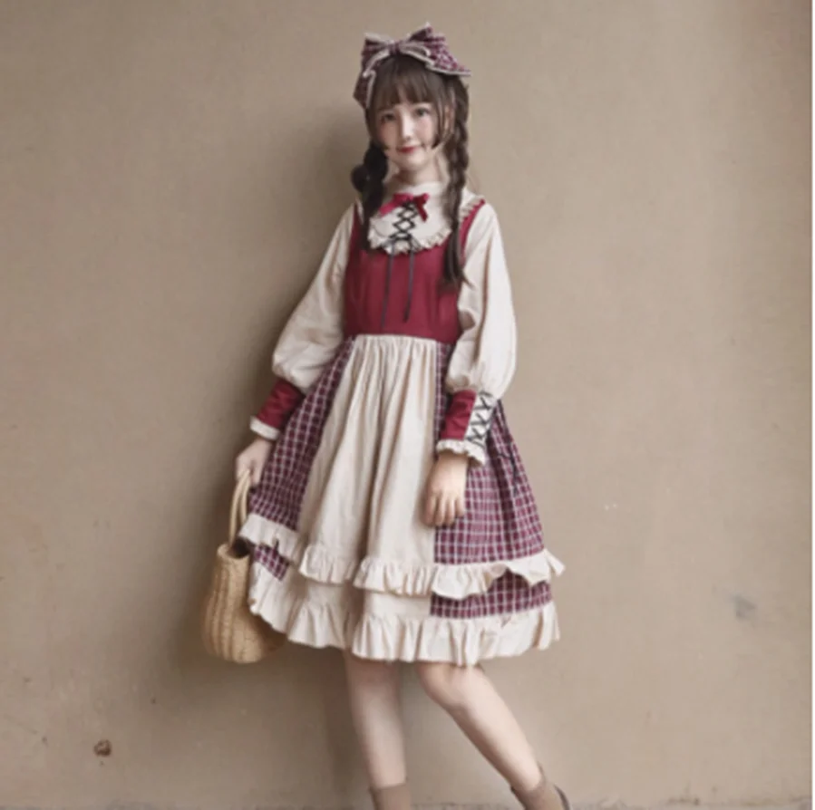 kawaii girl gothic lolita op loli cosplay Vintage sweet lolita dress stand puff sleeve lace high waist lattice victorian dres