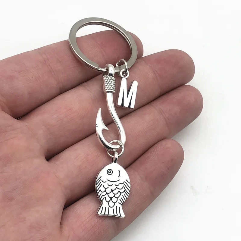 Fashion 26 Letter Fish Hook Fisherman Key Ring Fishing Enthusiast Key Chain Pendant Keychains