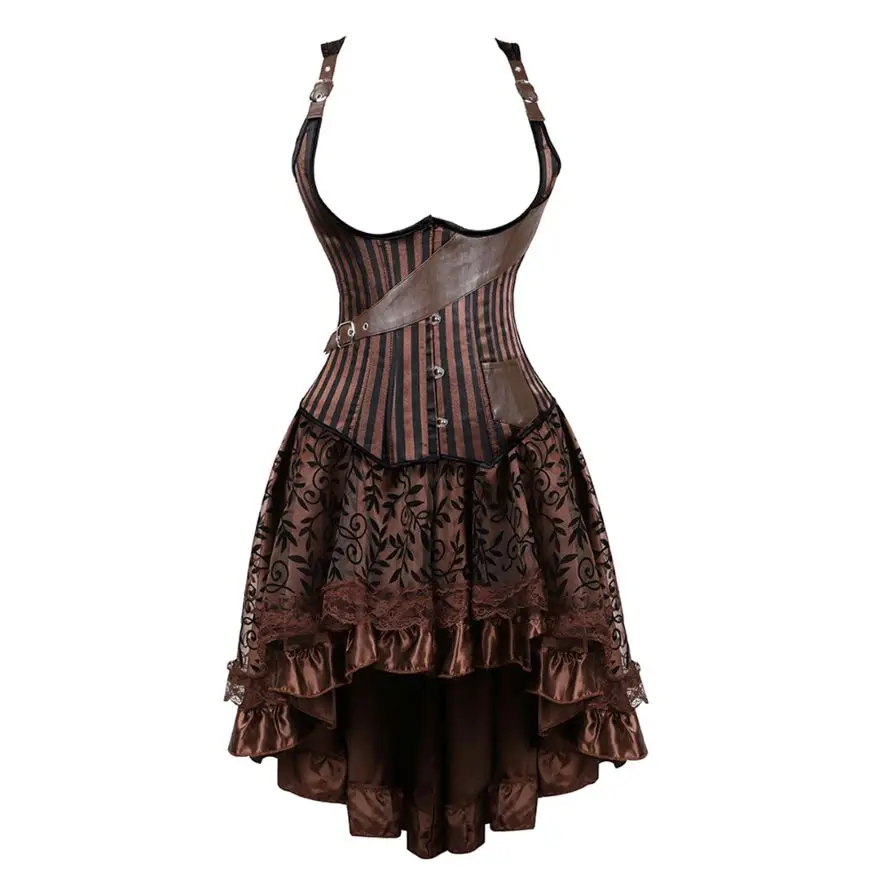 

Steampunk Corset Dress Gothic Sexy Striped Underbust Corset Vest Women Bustier Top Asymmetrical Floral Lace Skirt Plus Size