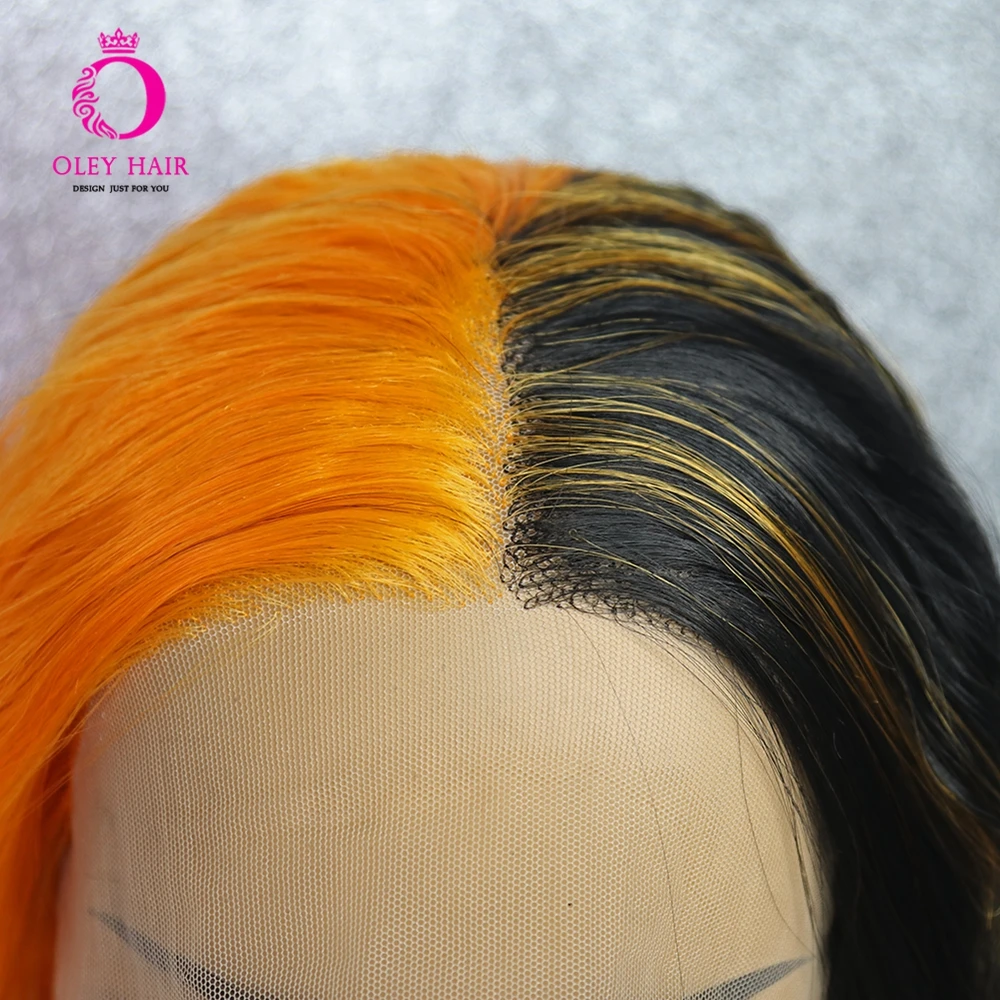 Half Black Half Orange Wig Glueless Synthetic 13X4 Lace Front Wig Middlepart Loose Wave Heat Resistant  Cosplay Wigs For Women