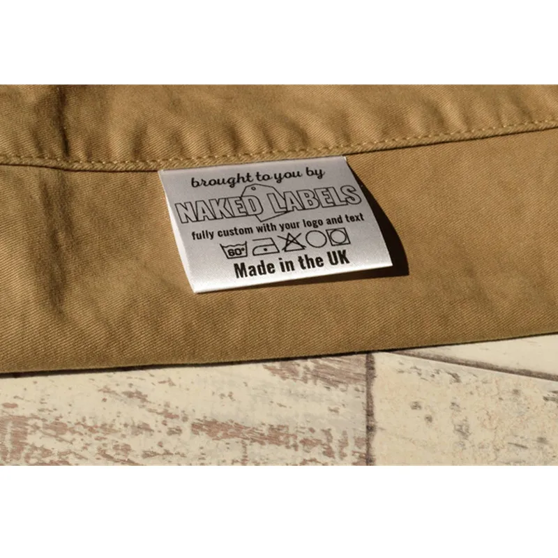 300 Custom Kain Menjahit Pakaian Label dengan Washing Instruction Satin Datar Merek Peduli Kategori Bisa Dicuci logo Percetakan Cuci Label