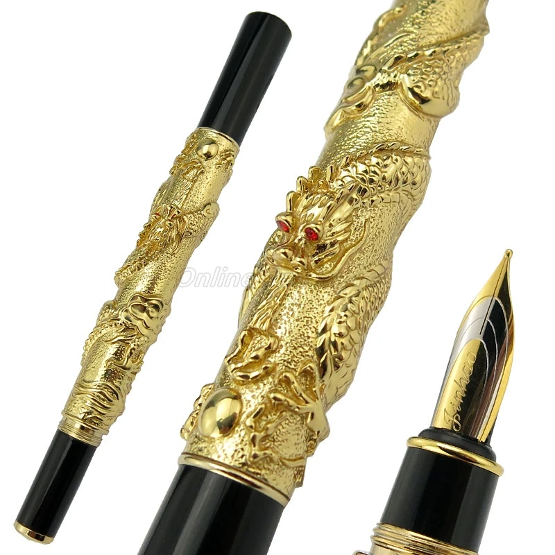 

Jinhao Metal Brilliant Golden Oriental Dragon Carving Embossing Medium Nib Heavy Fountain Pen Office School Gift Pen