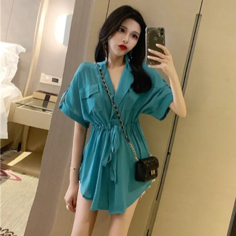 Mùa Xuân Năm 2021 Cổ Gập Tay Dài Túi Áo Nữ Slim Eo Phối Ren Chắc Chắn Blusas Văn Phòng Áo Cardigan Nữ Dài áo Sơ Mi