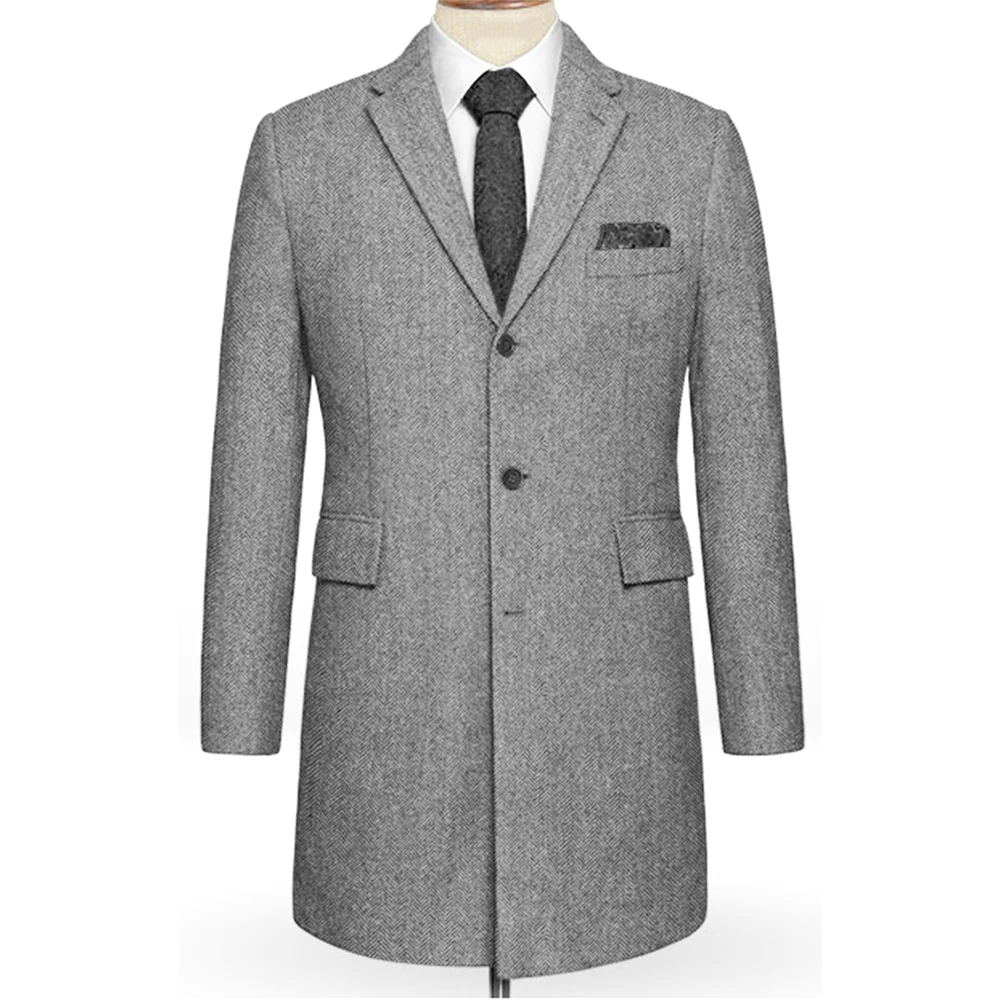 NEW Men Coats Custom Made Winter Long Coat Grey Herringbone Tailored Long Jacket For Men Mid Length Overcoat Manteau Homme Hiver