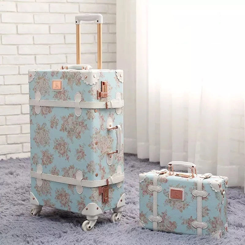 Flower 2PCS/SET Vintage luxury PU Travel Luggage with handbag Women Retro Trolley Suitcase Bag girls cosmetic makeup valise