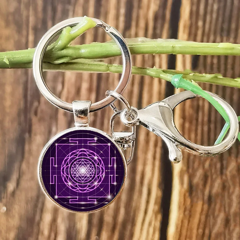 Sri Yantra Keychain Sacred Geometry Metatron Cube Mandala Pattern Glass Dome Lobster Pendant Key Chains Holder for Men Women