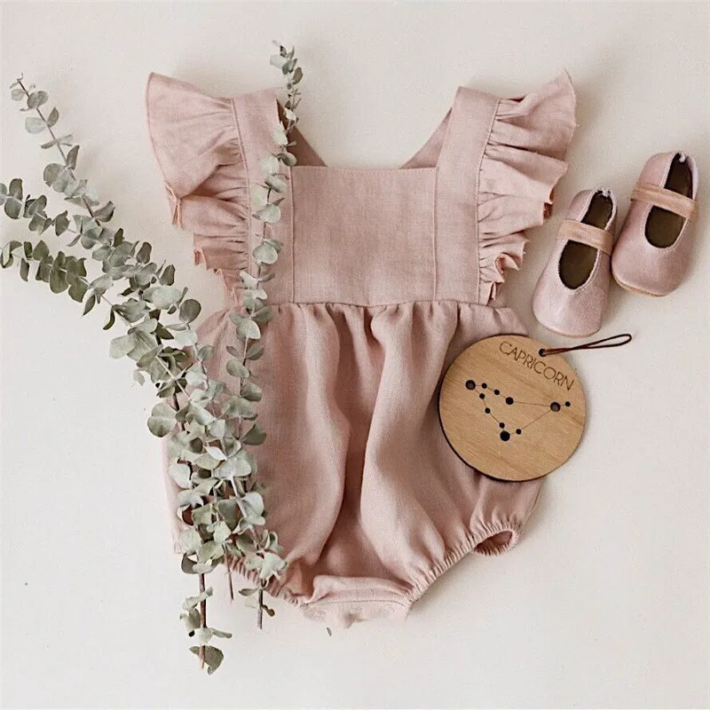 Adorable Linen Baby Clothes Ruffles Lace Sleeve Infant Bodysuit for Toddler Girls Clothing Princess Girls Romper One-Peice Suit