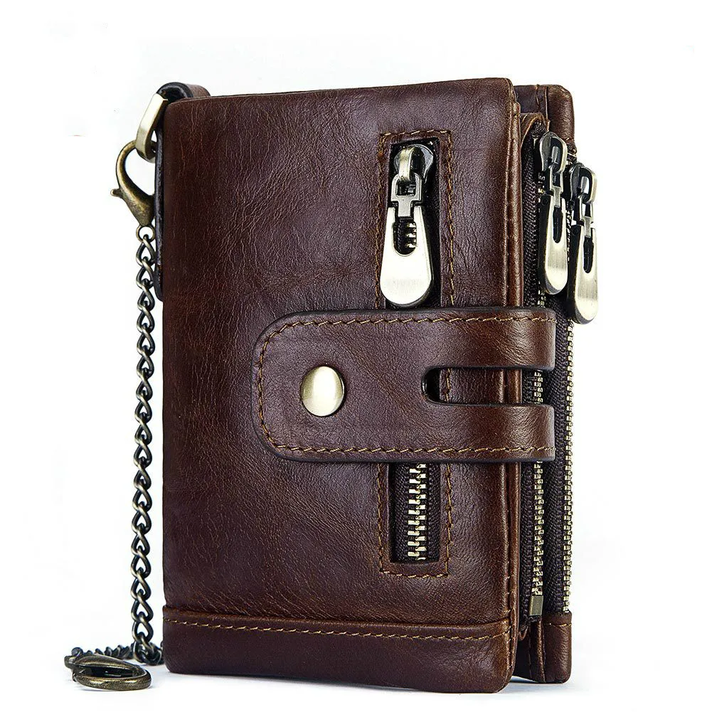 New 2019 RFID Anti-theft Brush Chain Wallet Three-layer Multi-Card Crazy Horse Leather Men's Leather Wallet Coin Purse