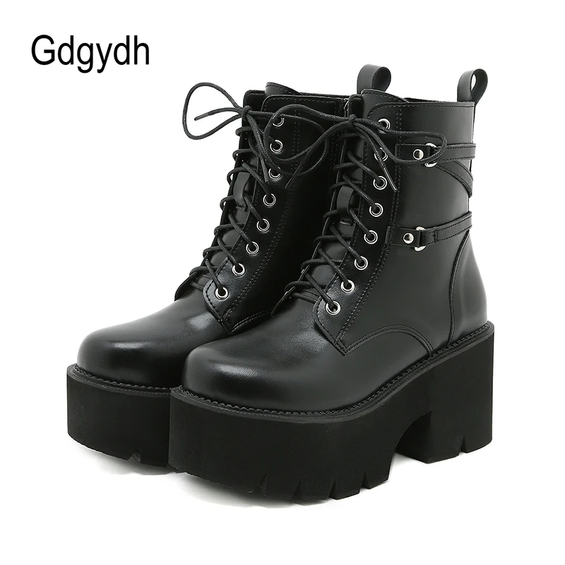 Gdgydh Mid Calf Boots Platform Goth Shoes Chunk Heels Black Leather Plus Size Side Zipper Rave Combat Boots for Women Lace Up