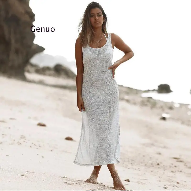 Knitted Bikini Cover-Ups Long Beach Dress Women 2021 Summer Fashion White Swimsuit Cover Up  Split Tunics for Women Xl