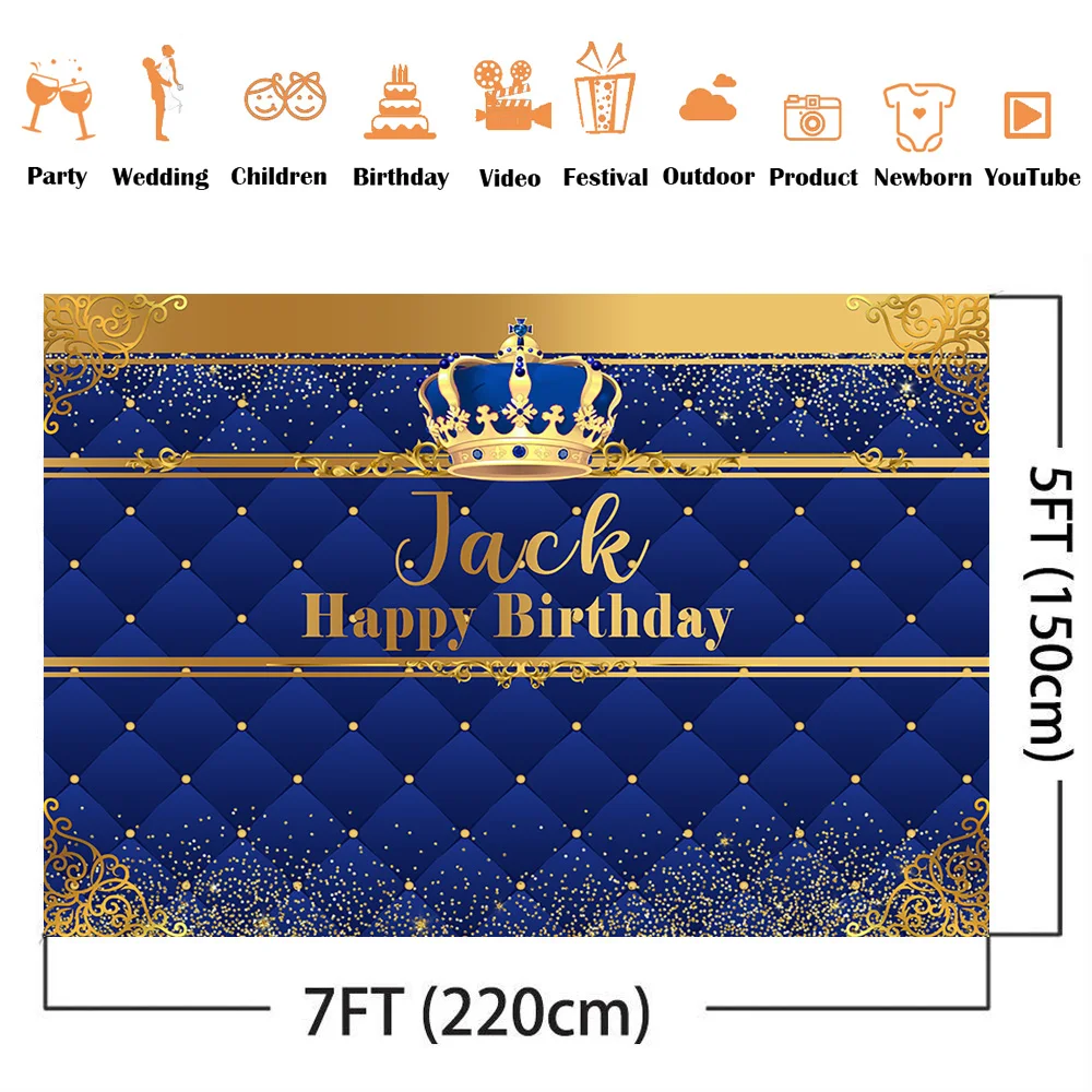 Royal blue crown happy birthday photo background studio newborn baby shower custom backdorp for photography video gold glitter