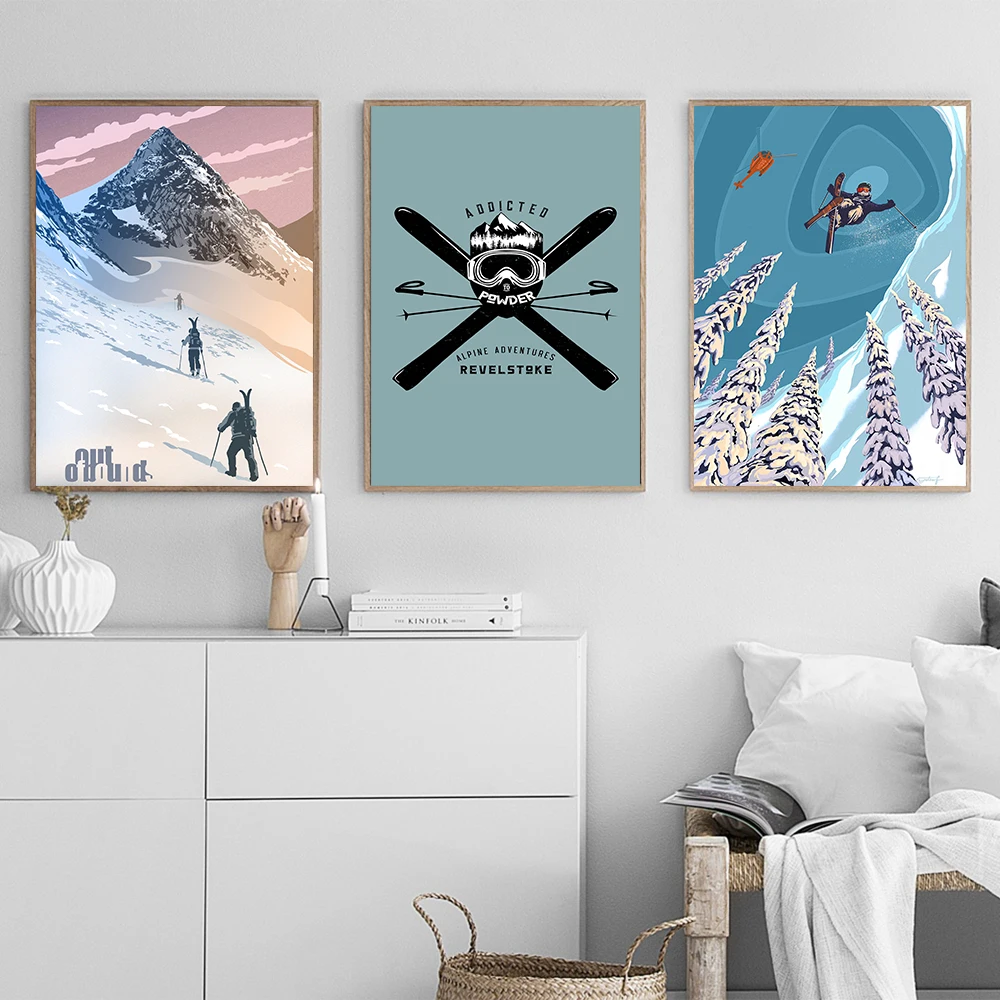 Retro Addicted to Powder Revel stoke Posters and Prints Ski Badge Wall Art Canvas Painting Hd Print Wall Picture For Living Room