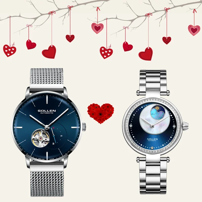 SOLLEN Luxury Brand Japan MIYOTA Automatic Mechanical Watch Couple's Waterproof Rhinestone Skeleton Sapphire Moon Phase Clocks