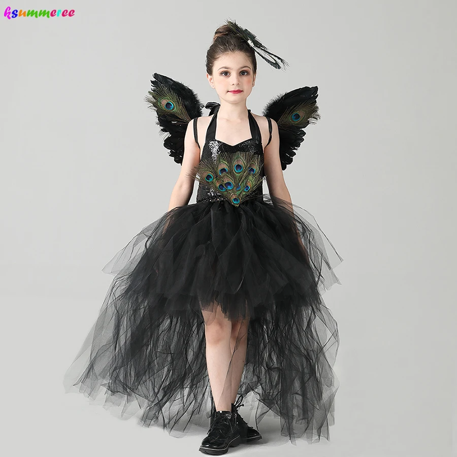 Girls Peacock Feather Party Tutu Dress for Halloween with Wing Kids Princess Pageant Prom Ball Gown Dress Fancy Peacock Costume