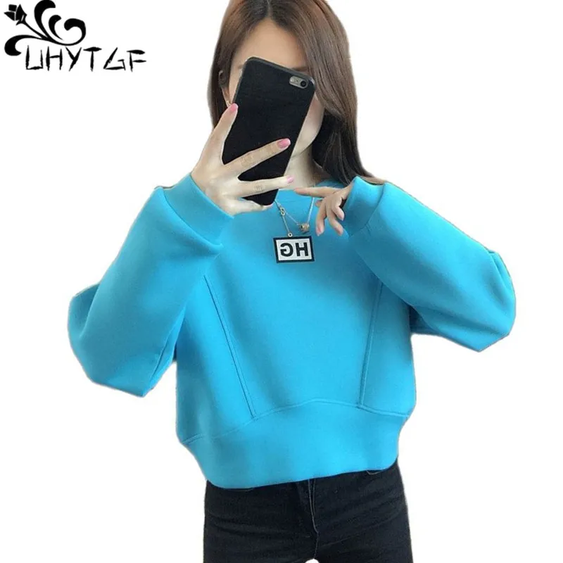 

UHYTGF Hoodies Women Thin Spring Autumn Sweatshirt Long-Sleeved O Neck Pullover Casual Girl Short Top Sudaderas Con Capucha 2207