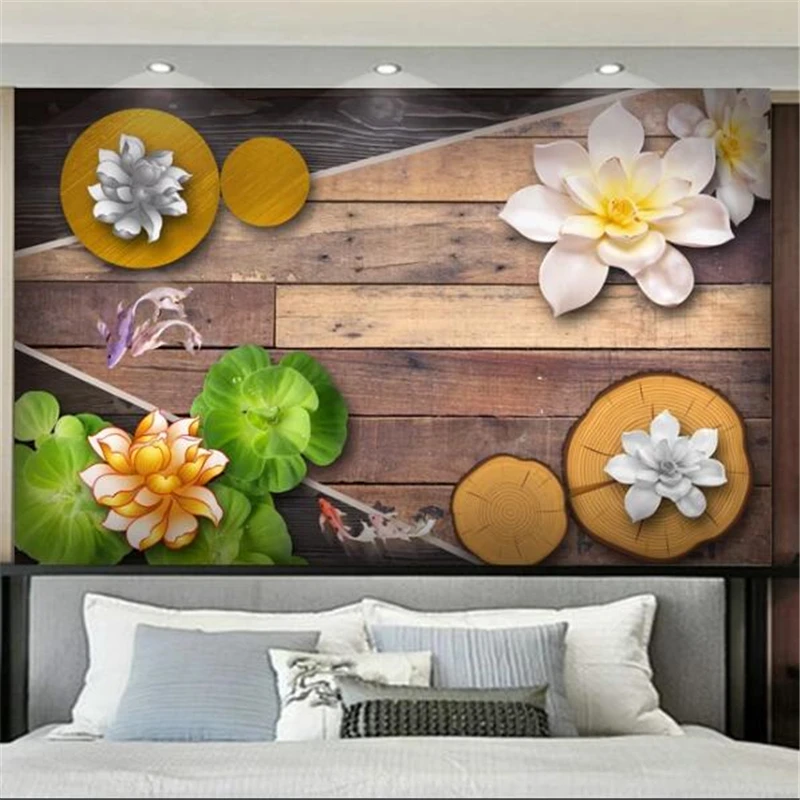 

wellyu Custom large-scale mural 3D wood golden lotus picture new Chinese goldfish background wall living room wallpaper