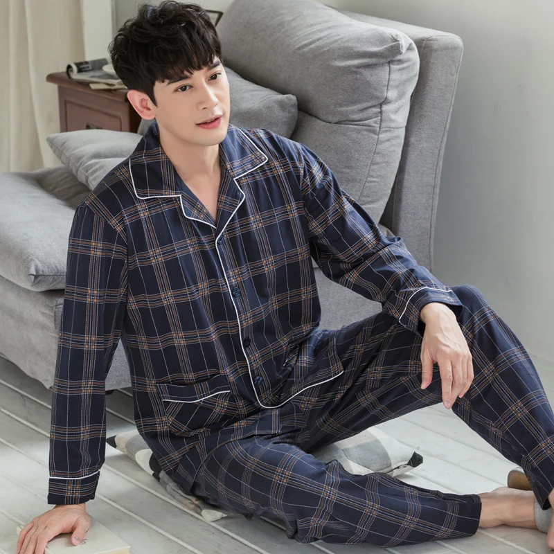 Spring 100%Cotton Men Pajamas Striped Pijama Long Sleeve Turn-down Collar Cardigan Mens Sleepwear Plus Size Male Lounge Pyjamas