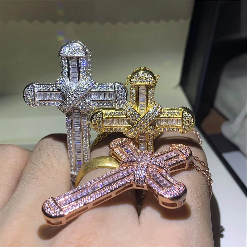 Handmade Long Cross pendant necklace 925 Sterling silver AAAA zircon Cz Party wedding Cross Pendant for women men Hiphop Jewelry