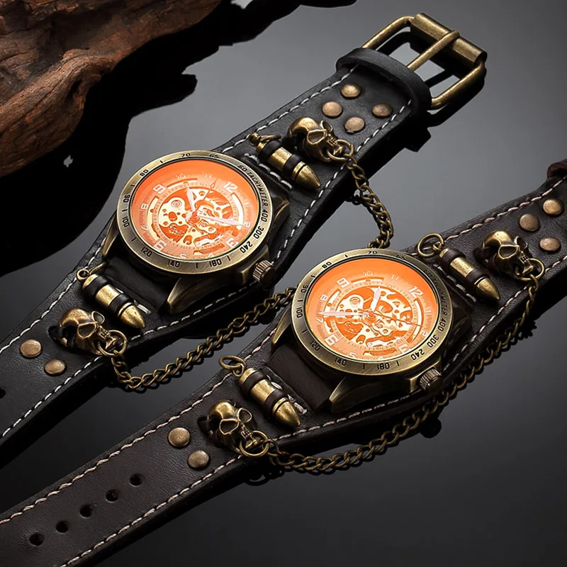 Fashion Steampunk Watches Men Vintage Watches Men Automatic Mechanical Wristwatch Bronze Skeleton Watches Sport Man Watch Clock