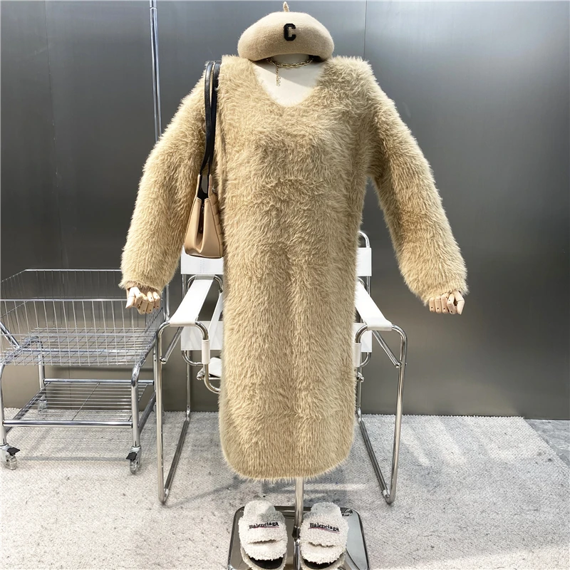 

New Brand Original Design 2021 Vintage Plush Knitted Skirt Lazy Loose Versatile Imitation Mink Hair V-neck Soft Waxy Long Dress