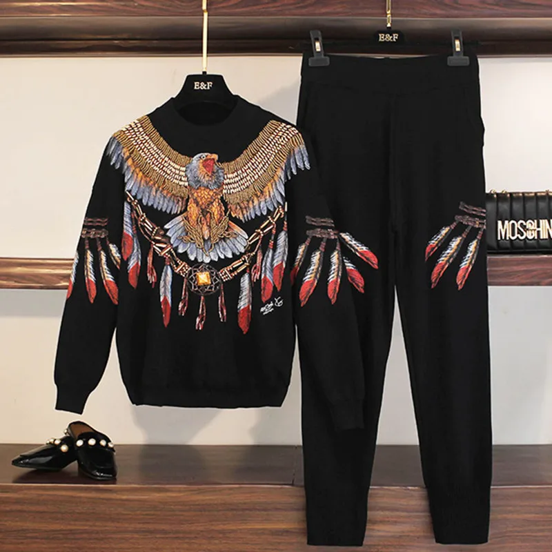 BLLOCUE 2020 Autumn Winter Fashion Eagle Sequins Beaded Knitting Casual Temperament Two-Piece Suit Tracksuit Female Sets