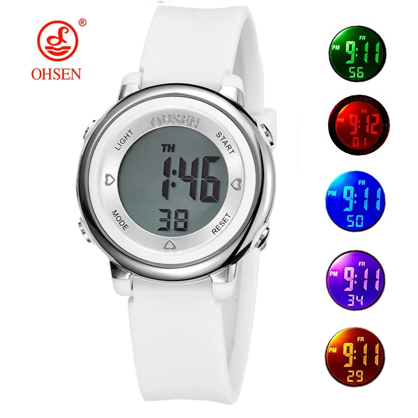 OHSEN Sport Kids Watches 50M Waterproof White Silicone Electronic Wristwatch Stopwatch Children Digital LED Watch For Boys Girls