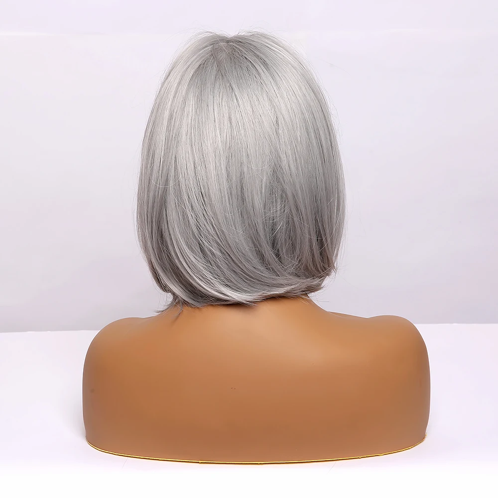 LOUIS FERRE Gray Ash Silver Wigs with Bangs Short Straight Cosplay Bobo Synthetic Wig for Black Women Heat Resistant Cute Fibre