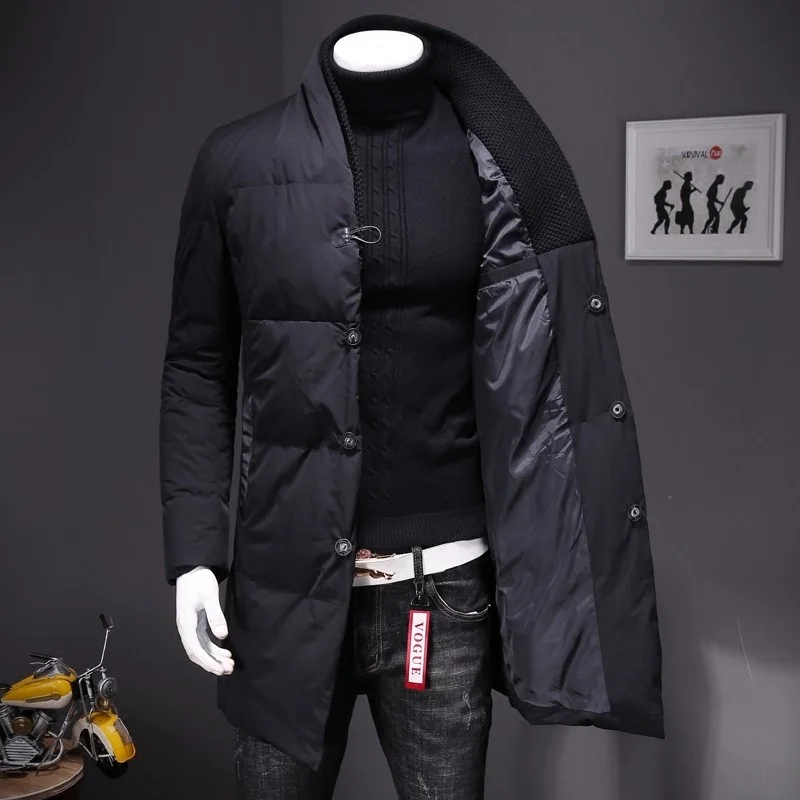 Collar Stand Winter Warm Mens Medium Length Light Down Coats Long Sleeve Single Breasted Casual Outerwear Coats Plus Size 5XL