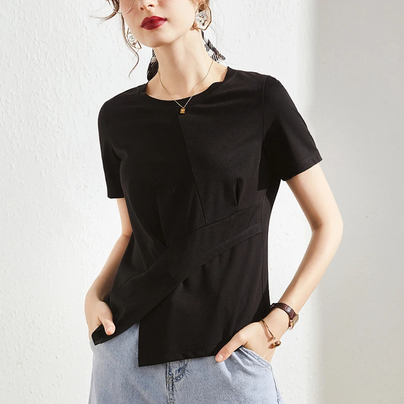 

White T Shirt Women Asymmetrical Folds Black T-Shirt 2021 Summer Ladies Tops Korean Style Short Sleeve Cotton Tee Shirt Femme