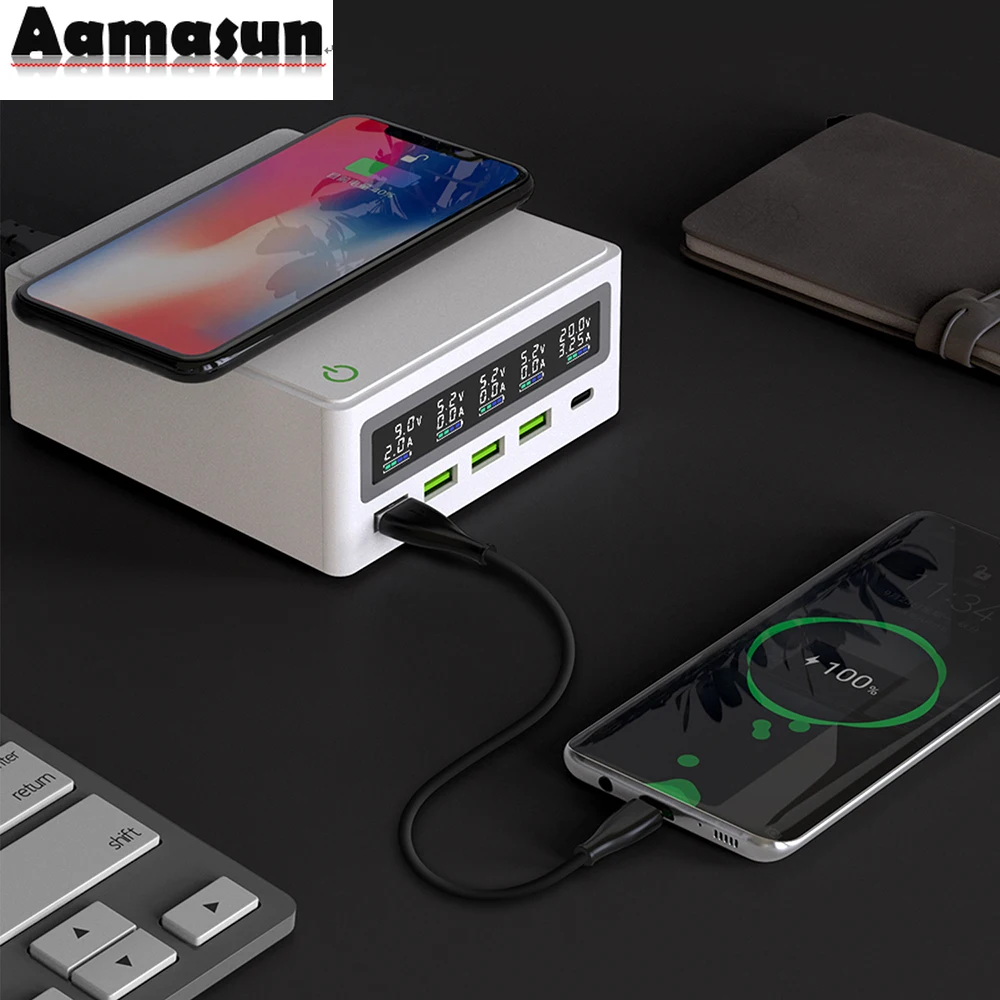 

Aamasun 5 портов QC3.0 USB Type C PD 65 Вт адаптер питания ЖК-дисплей Qi Беспроводное зарядное устройство для мобильного телефона Быстрая зарядка станция для ноутбука планшета