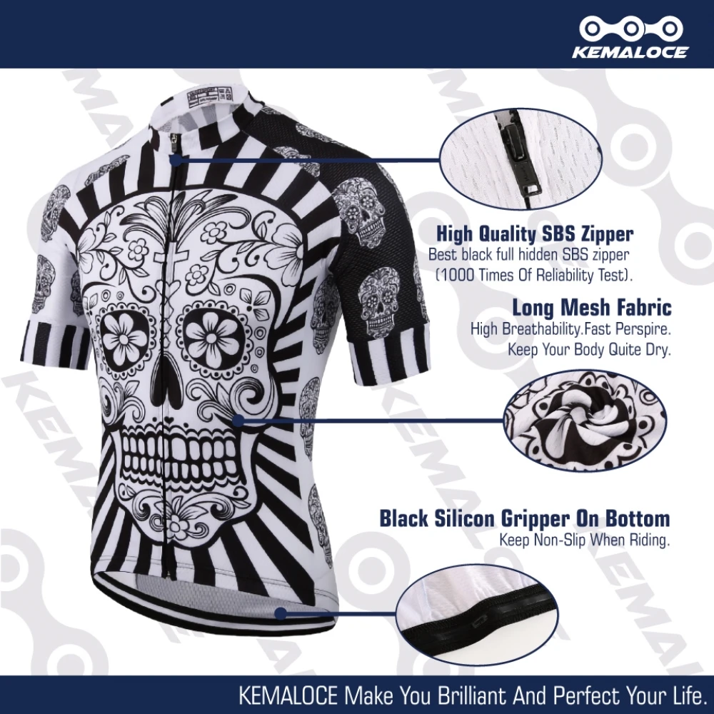 KEMALOCE Cycling Jersey Men Polyester White Skull Pro Bike Wear Summer Quick Dry Cycling Top Sublimation Printing Bicycle Shirt