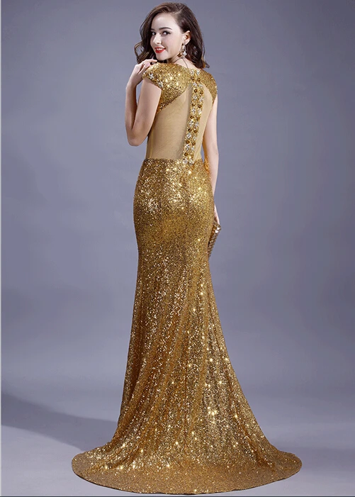 vestido de festa gold sequined backless mermaid 2025 cap sleeve fashion prom dresses crystal Formal mother of the bride dresses