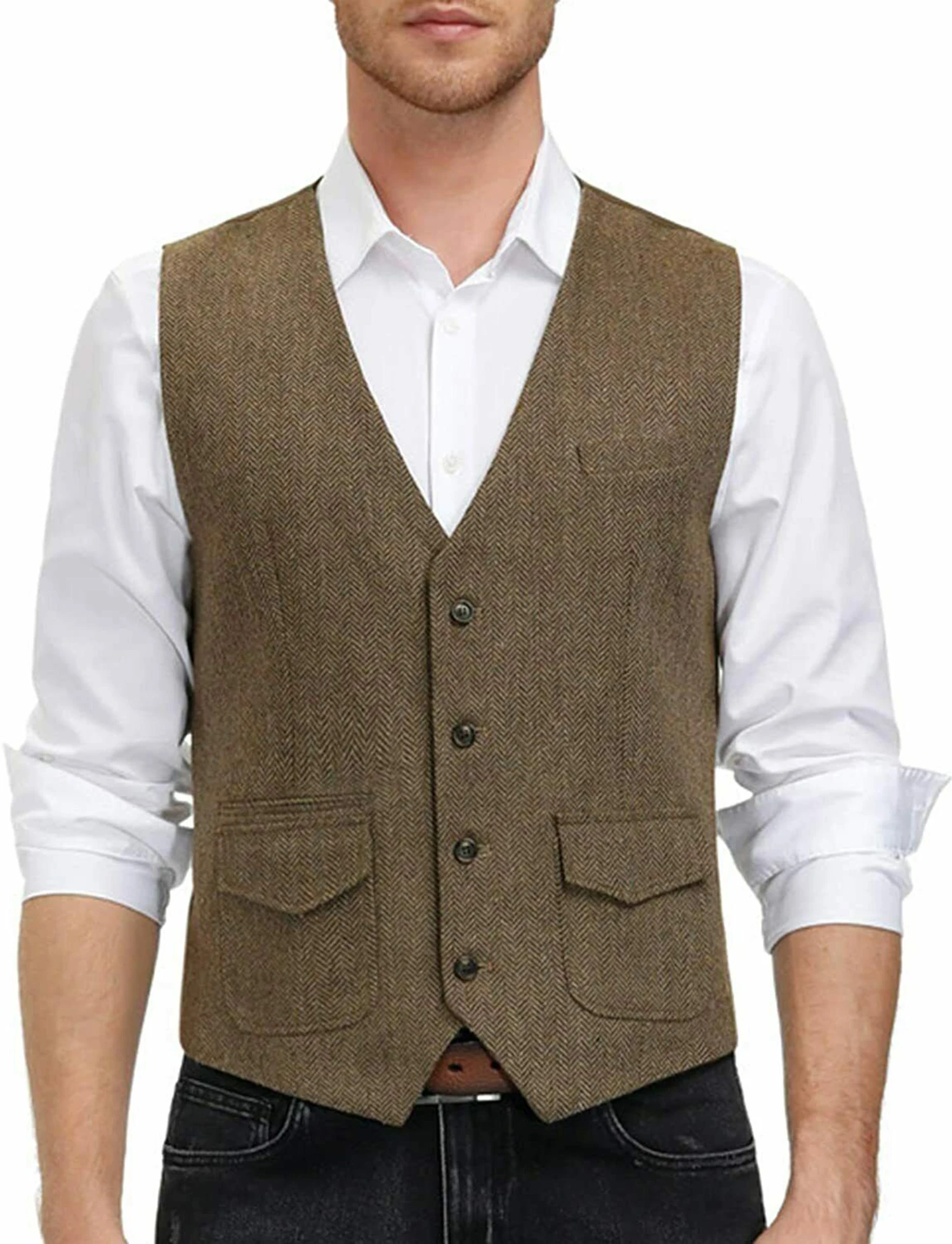 

Mens Suit Special Pocke Vest V Neck Wool Brown Single-breasted Houndstooth Waistcoat Casual Formal Business Groomman For Wedding