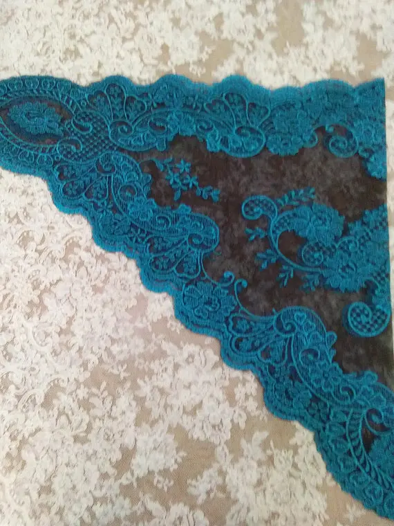 Blue on Black Lace Shawl Chapel Catholic Veil Embroidery Spanish Lace Mantilla