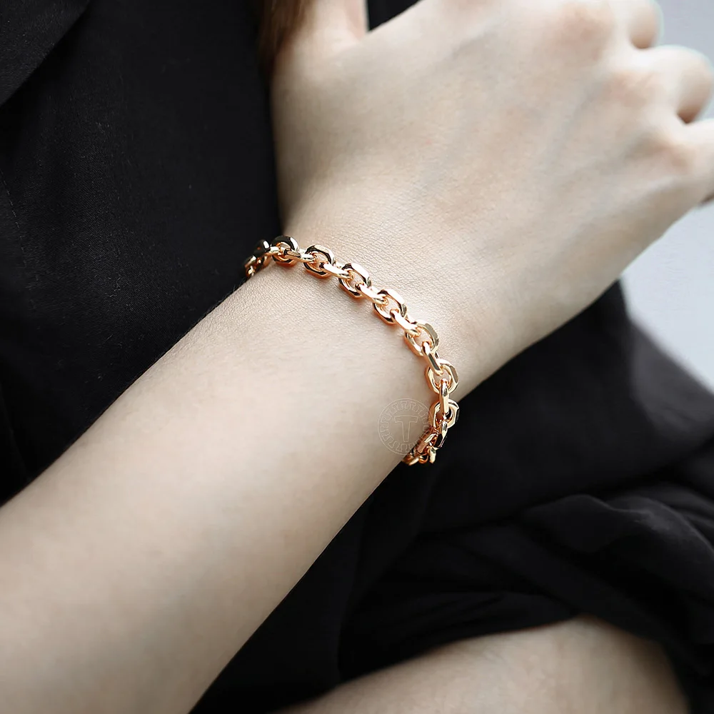 7mm 585 Rose Gold Color Bracelet for Women Rolo Cable Link Chain Party Wedding Jewelry Gifts Womens Bracelets 20cm Fashion LCB45