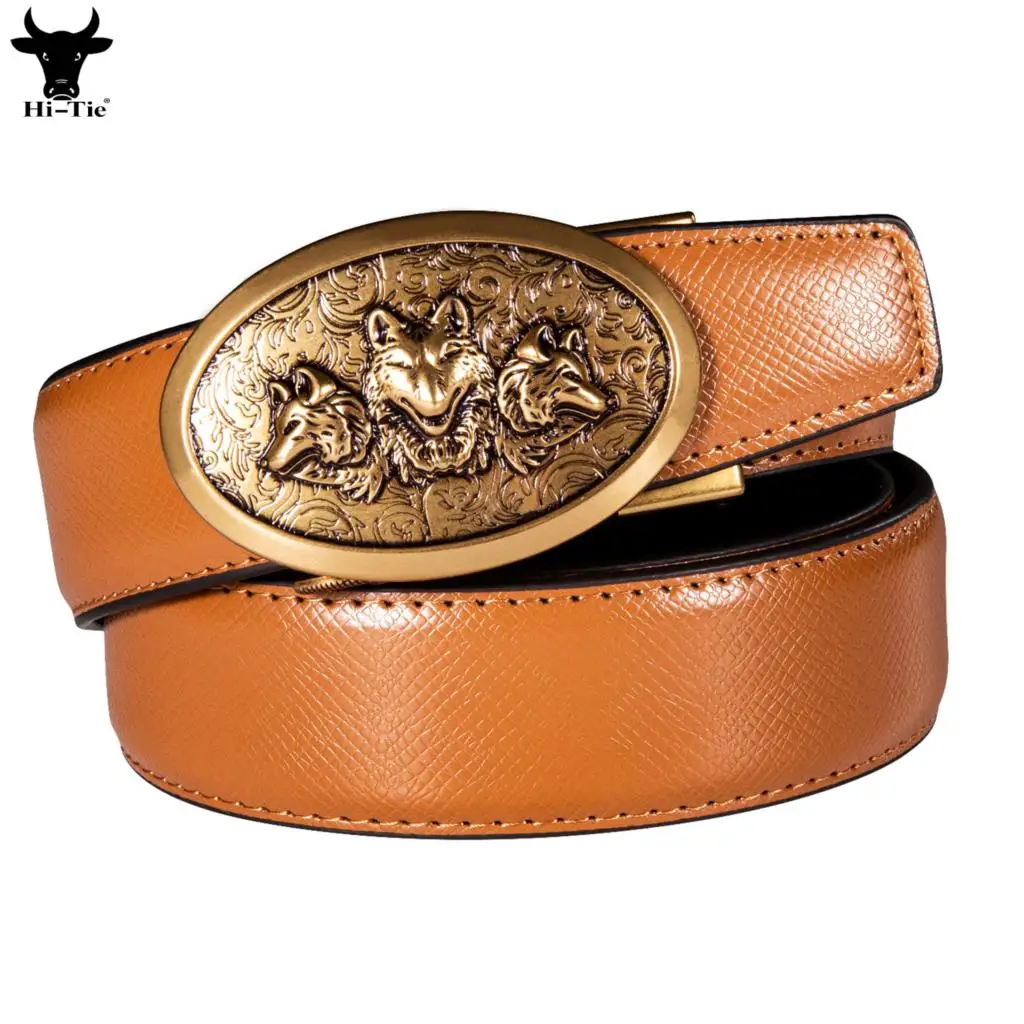 

Hi-Tie Luxury Orange Genuine Leather Mens Belts Vintage Gold Woves Automatic Buckles Ratchet Waist Belt for Men Dress Jeans Gift