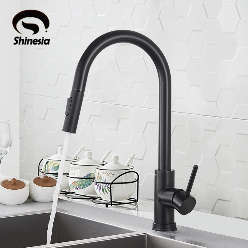 Shinesia Black Kitchen Faucet Pull Out faucet for kitchen sink Deck Mounted 360 Degree Rotation Hot and Cold Water Mixer Tap