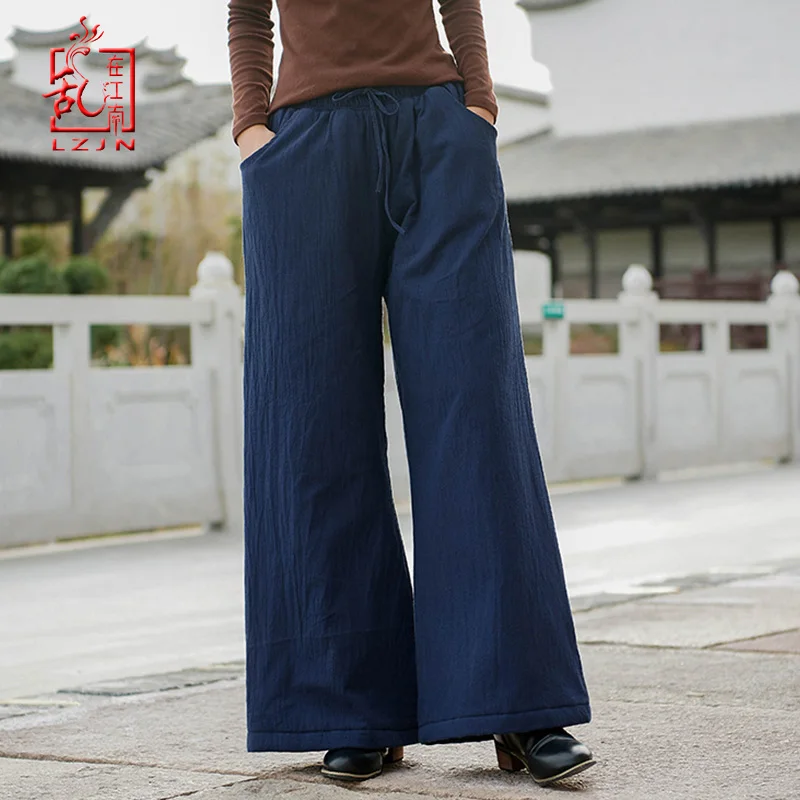 LZJN Thickened And Quilted, Elastic Waist, Monochromatic, Cotton, Linen, Wide Leg, Warm, Long Trousers, Loose, Winter, New