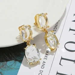 Vintage Elegant Oval Crystal Clip on Earrings Bridal Fake Piercing Drop Earrings for Women Fashion Wedding Party Zircon Jewelry