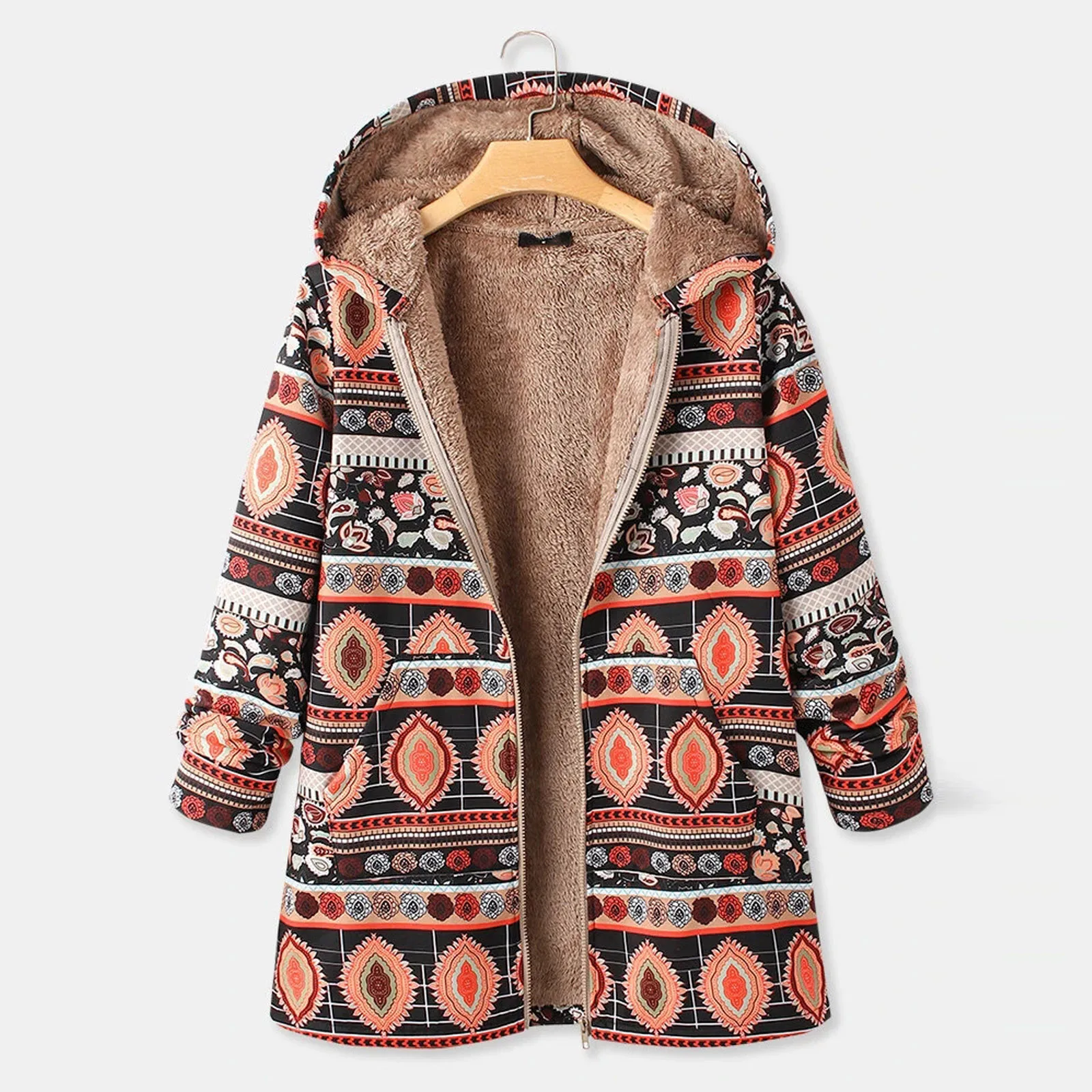 Women Autumn Winter Vintage Flowers Print Fleece Hooded Plus Size Long Sleeve Jacket Coat Fleece Shaggy Warm Cropped Jackets