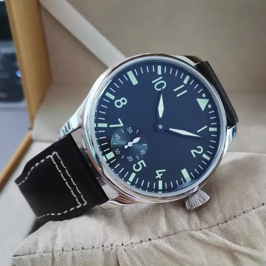 No logo Pilot manual mechanical men\'s Watch 44mm Black dial green number coffee strap Seagull ST3621 movement