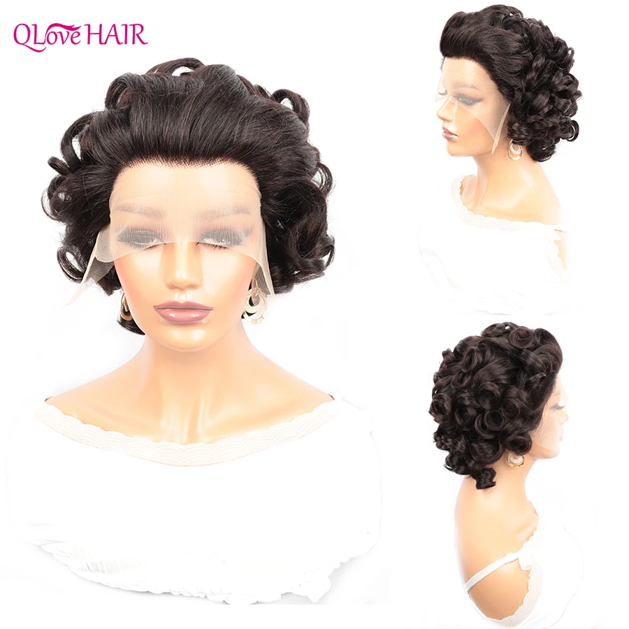 

Short Curly Pixie Cut Wigs Natural Color Lace Front Human Hair Wigs For Women Peruvian Wavy 13x1 Transparent Lace Frontal Wigs