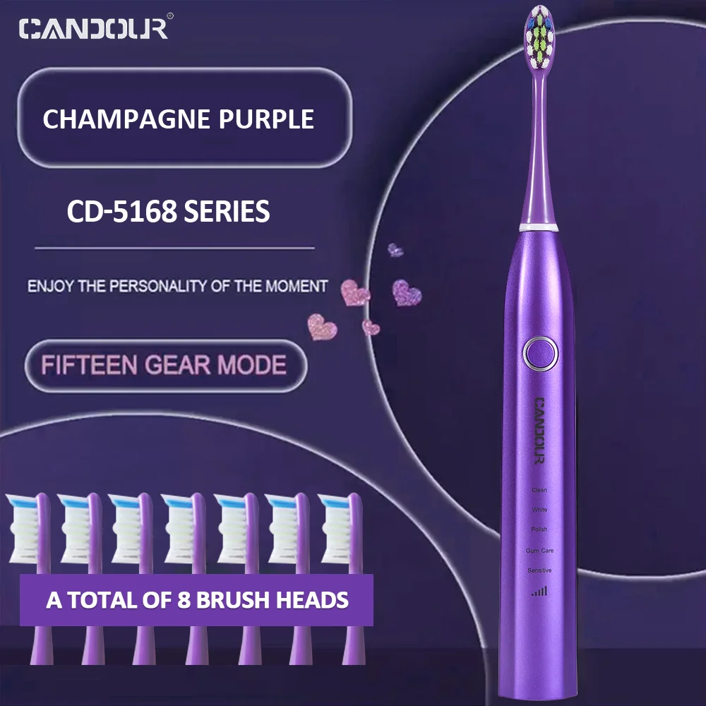CANDOUR-cepillo de dientes eléctrico sónico CD-5168, cepillo de dientes automático recargable por USB, 15 modos, resistente al agua