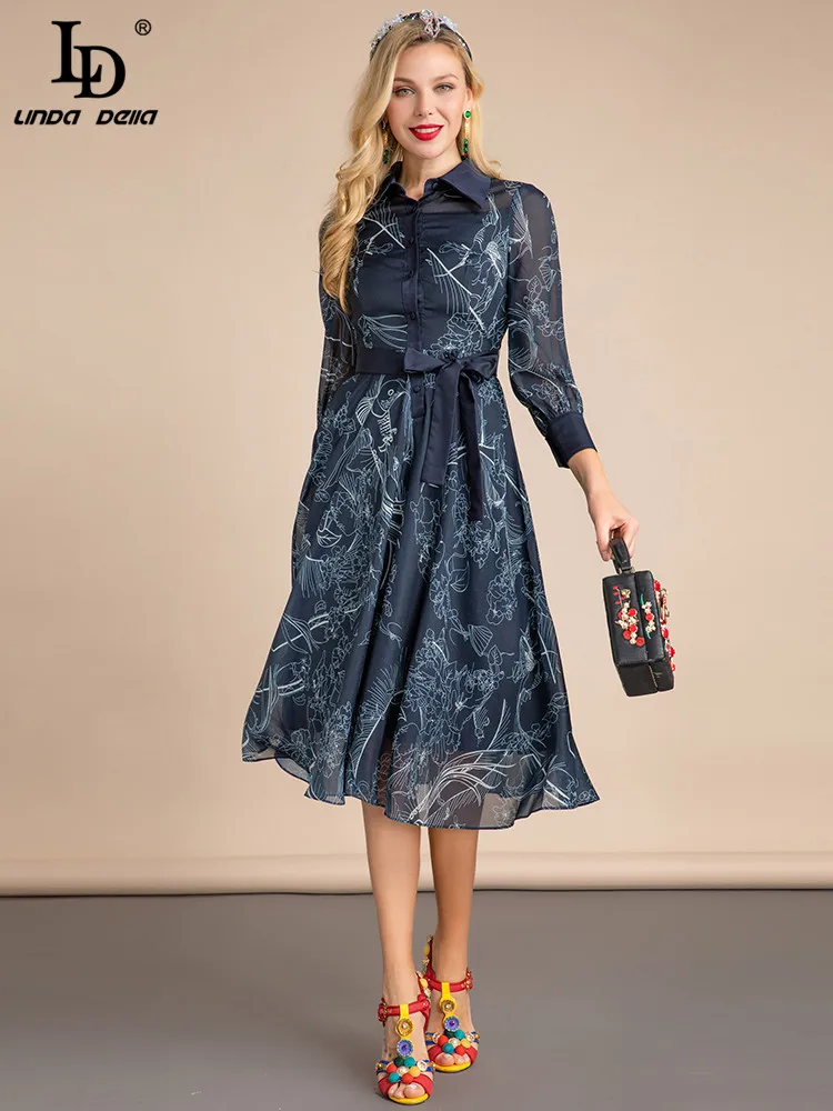 LD LINDA DELLA 2022 Spring Runway Fashion Party Dress Women's Lantern sleeve Single-breasted Belted Printed Vintage Midi Dresses