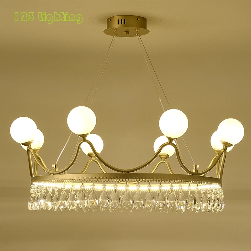 Modern Crown Crystal Loft Chandelier Parlor Dining Room Hanglamp Bedroom Hanging Light Fixtures G9 Matte Gold Cord Adjustable